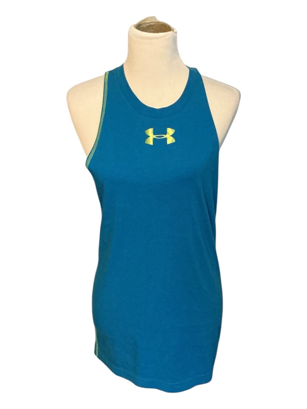 Under Armour Women's Teal Athletic Racerback Tank with Neon Yellow Logo